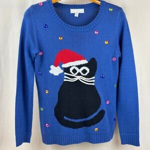 Santa Hat Kitty Cat Christmas Sweater Carolyn Taylor Women's Small